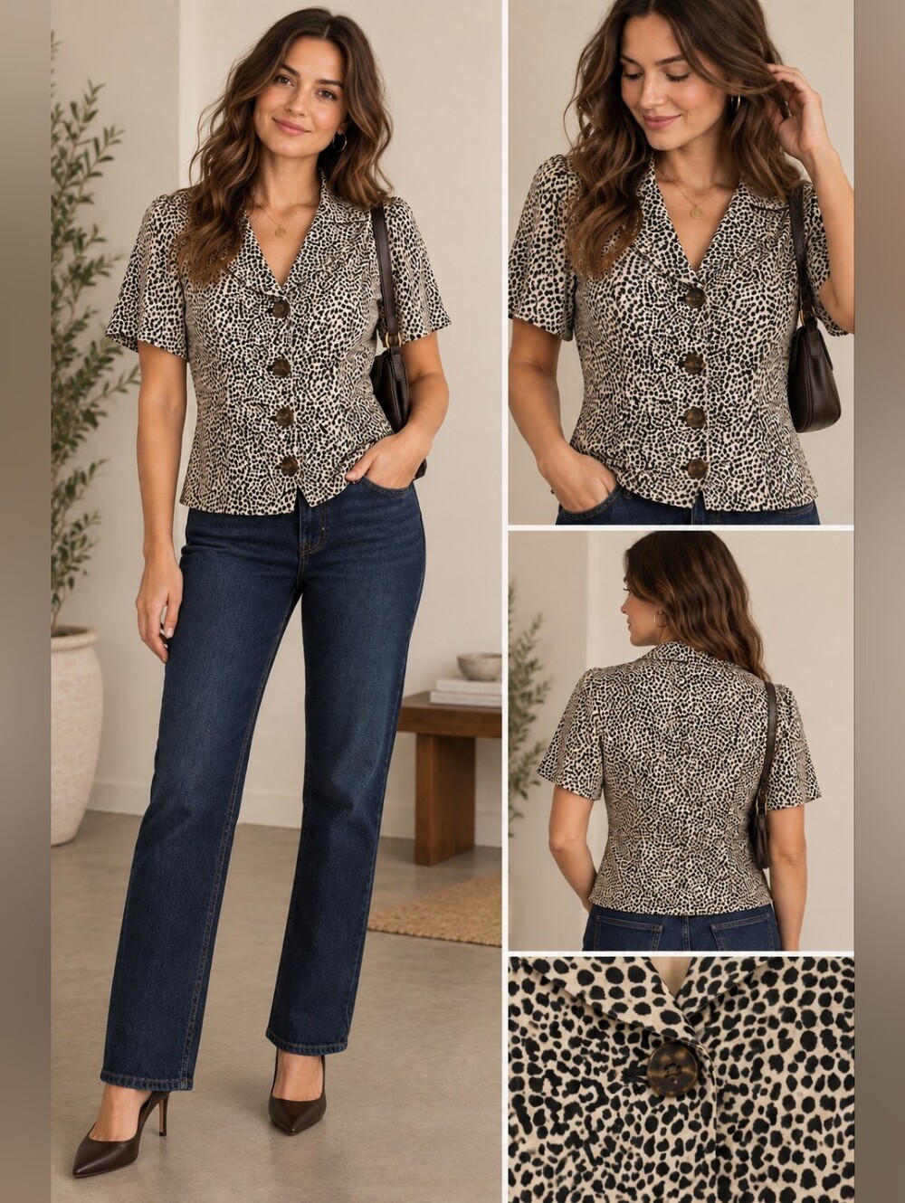 Vintage Allison Taylor 100% Silk Leopard Blouse Size S